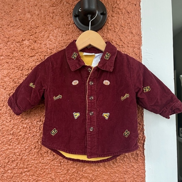 Baby Corduroy Varsity Shacket. Football. Maroon. 6/9 Months - Picture 1 of 5